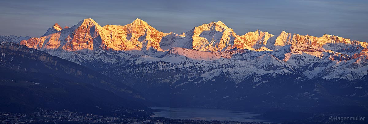 Eiger Monch Jungfrau sunset panorama